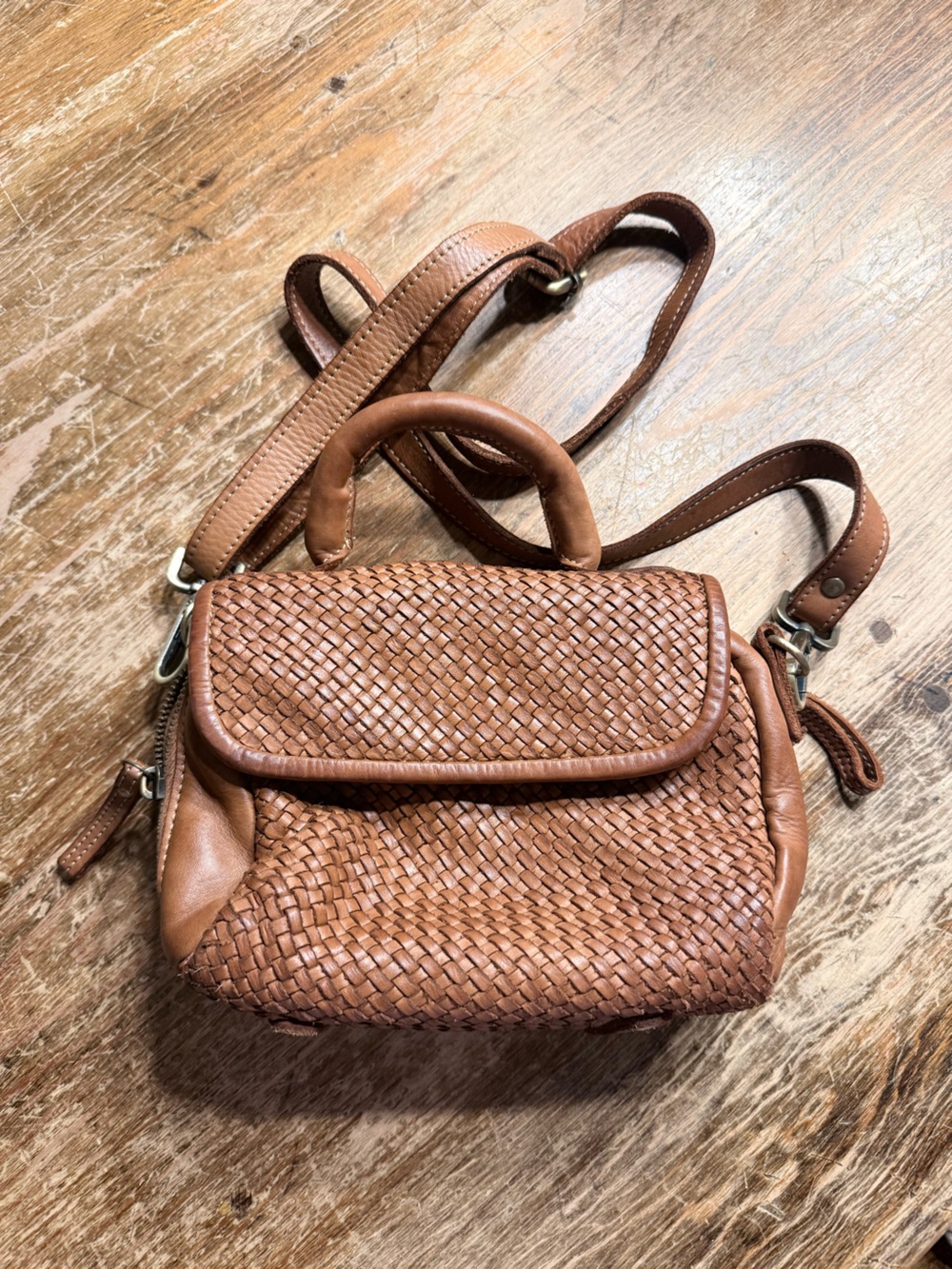 Woven Leather Crossbody Bag - Brown